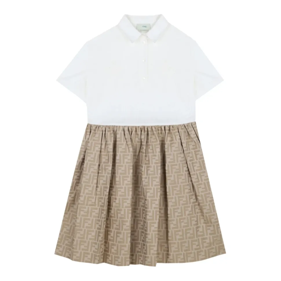 Beige og hvid jacquard kjole