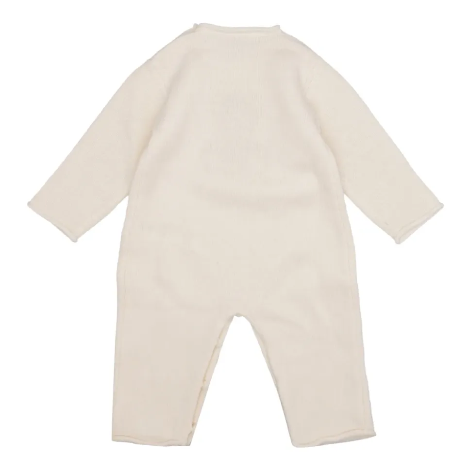 Beige Uld Romper med Broderi